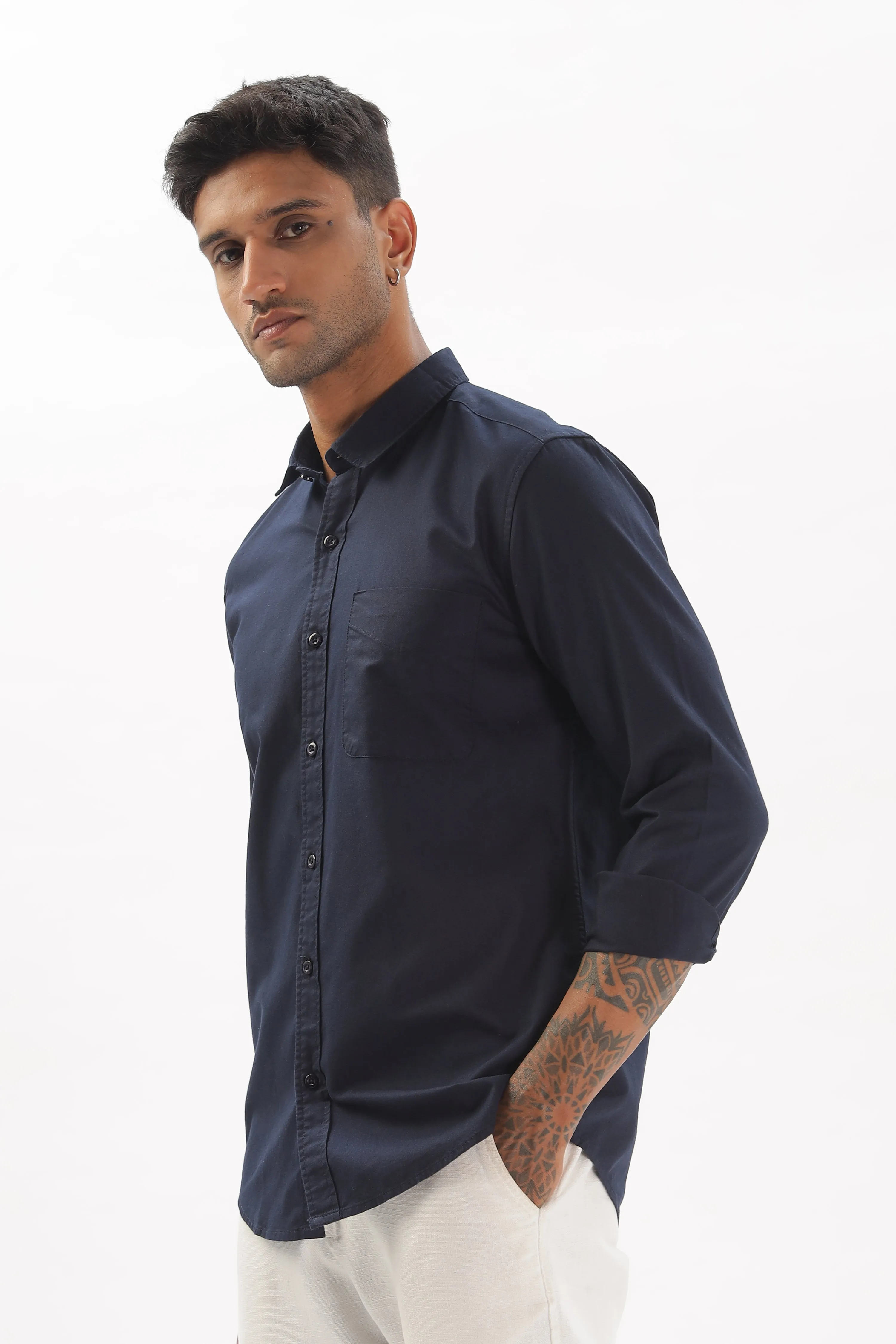 Navy Blue Regular Fit Plain Full Sleeve Shirt