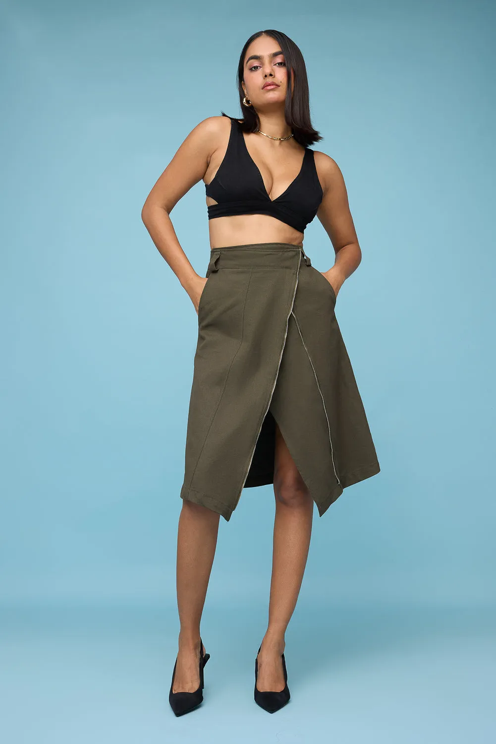 Olive Asymmetric Midi Skirt