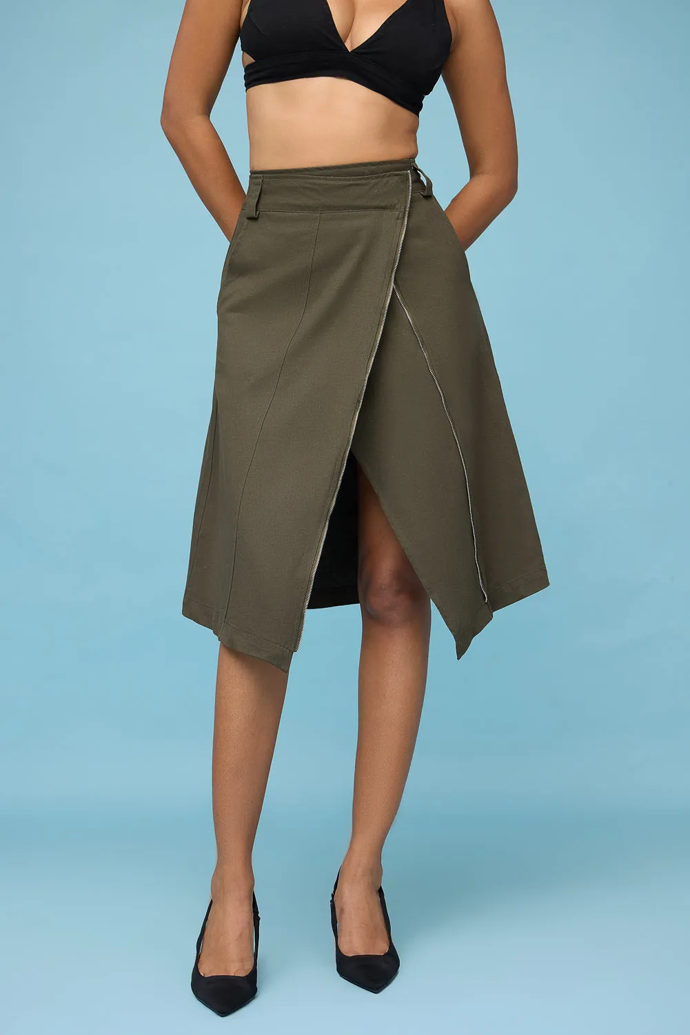 Olive Asymmetric Midi Skirt