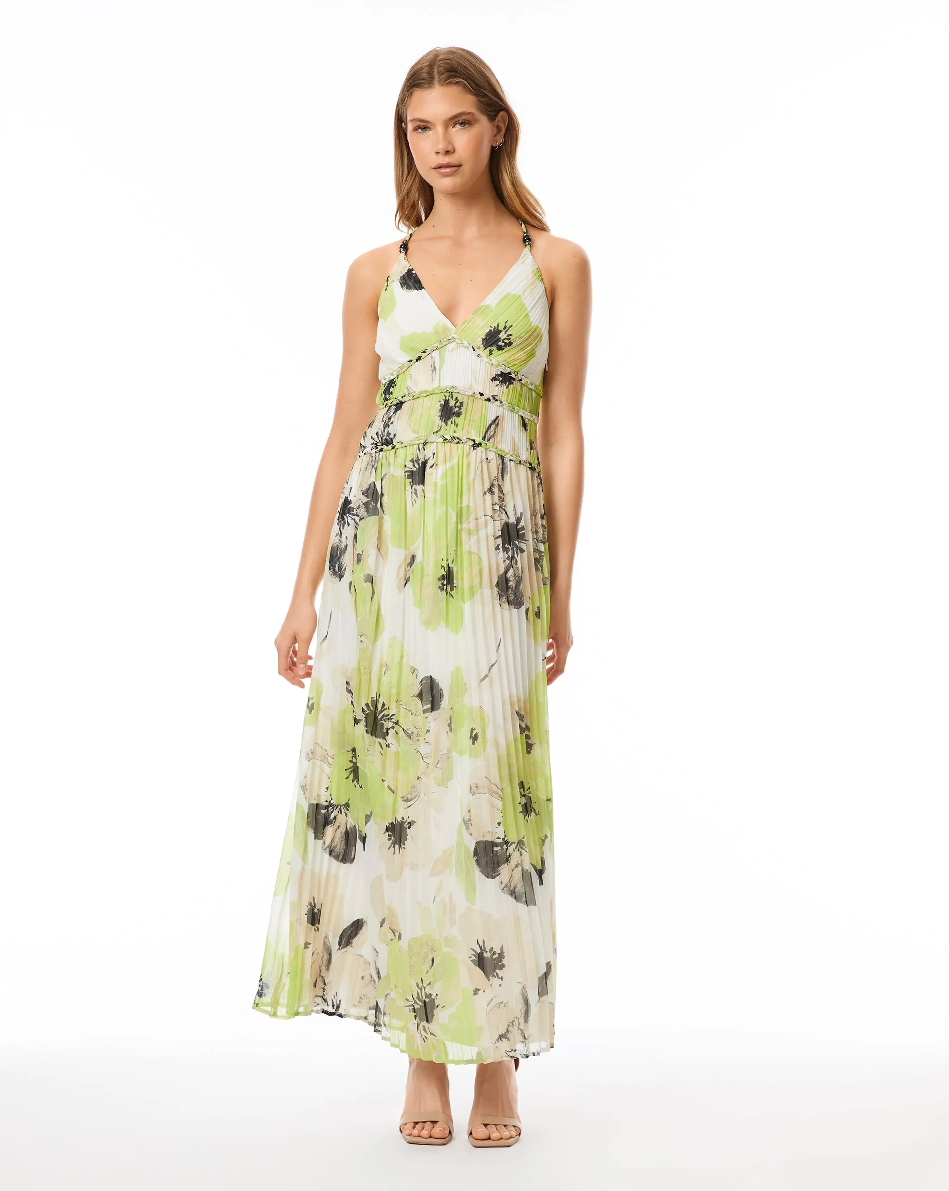 Painted Flower Pleated Midi Dress