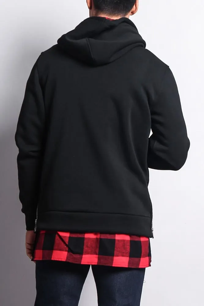 Plaid Flannel Accent Long Length Zip Hoodie