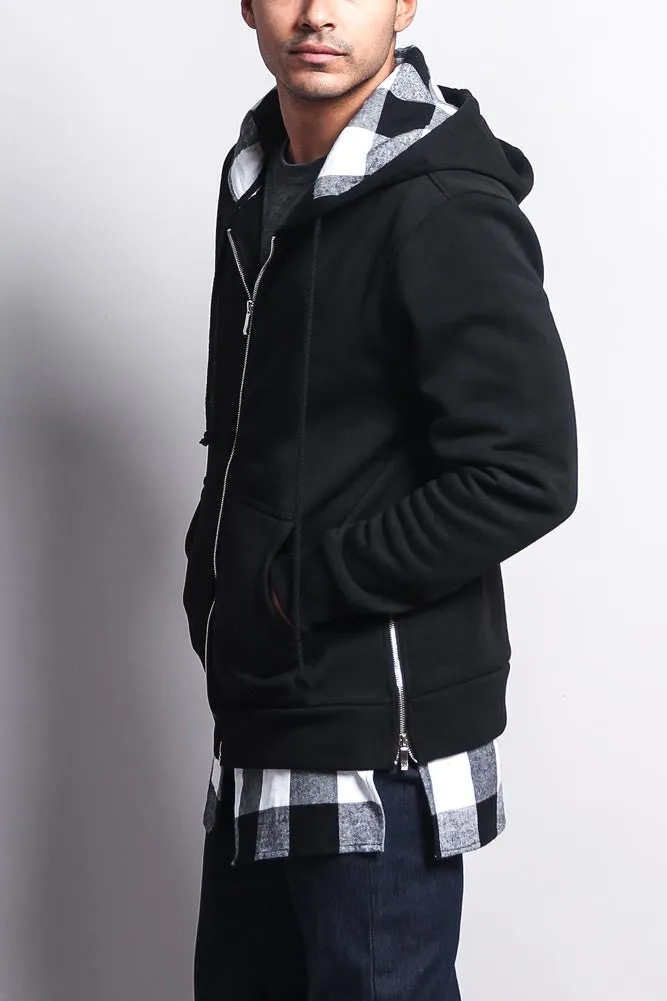 Plaid Flannel Accent Long Length Zip Hoodie