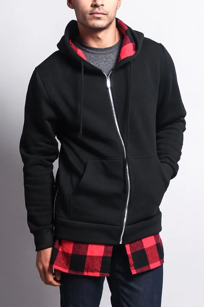 Plaid Flannel Accent Long Length Zip Hoodie