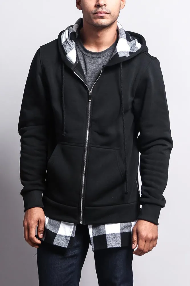 Plaid Flannel Accent Long Length Zip Hoodie