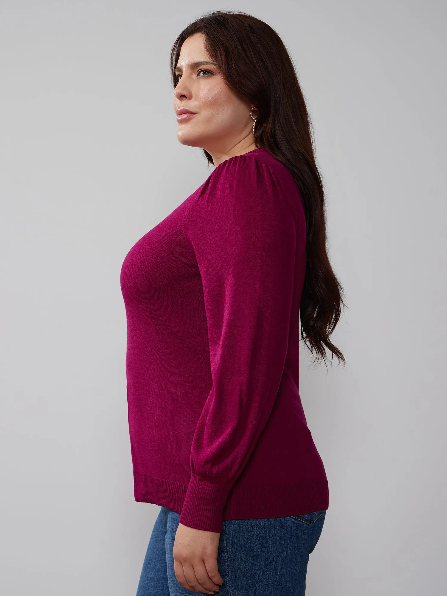 Plus Puff Sleeve Crew Neck Pullover