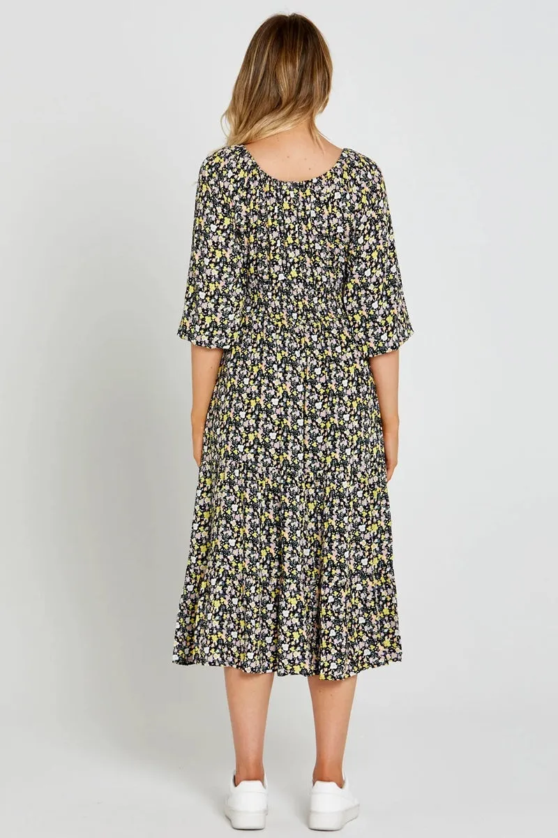 Sass - Sloane Midi Dress - Black Floral Ditsy