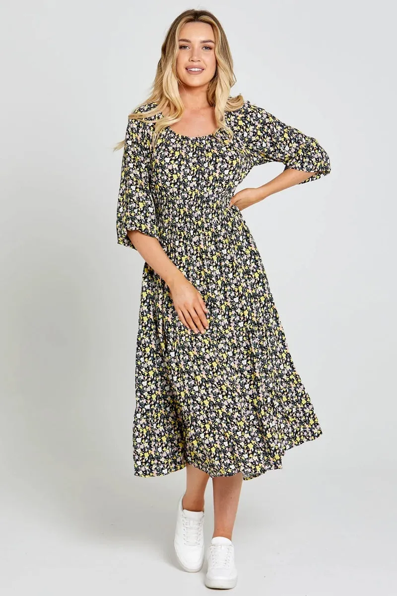 Sass - Sloane Midi Dress - Black Floral Ditsy