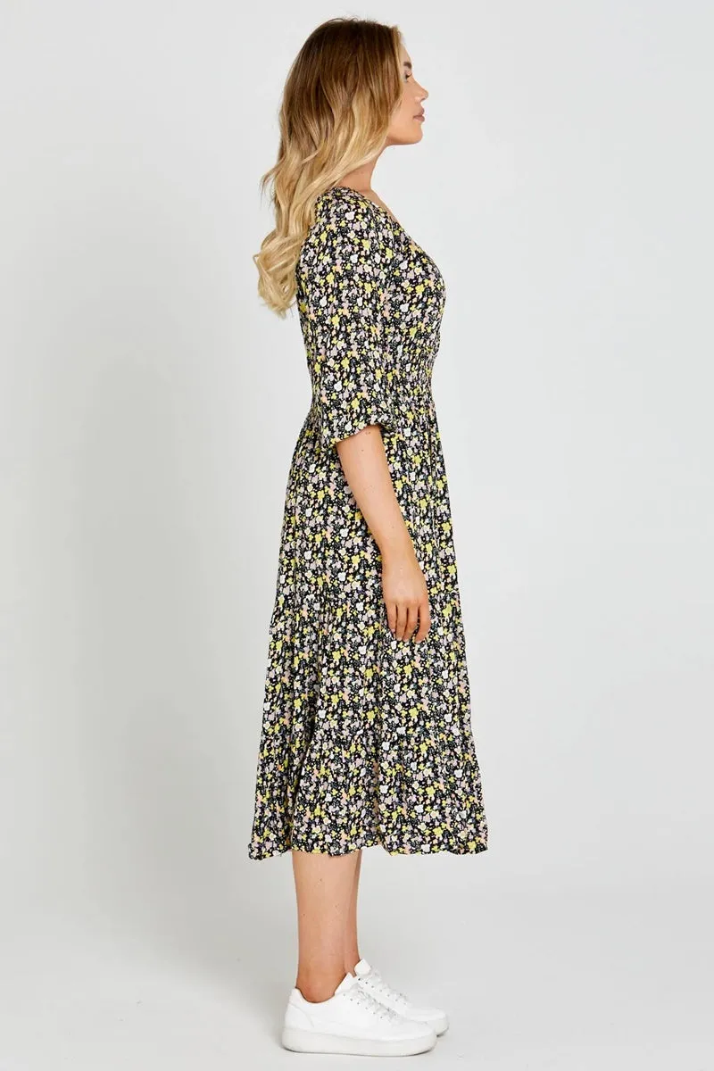 Sass - Sloane Midi Dress - Black Floral Ditsy