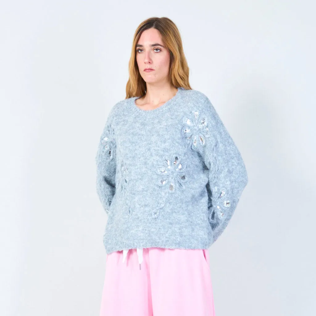 Sequin flower detail knit sweater wholesale