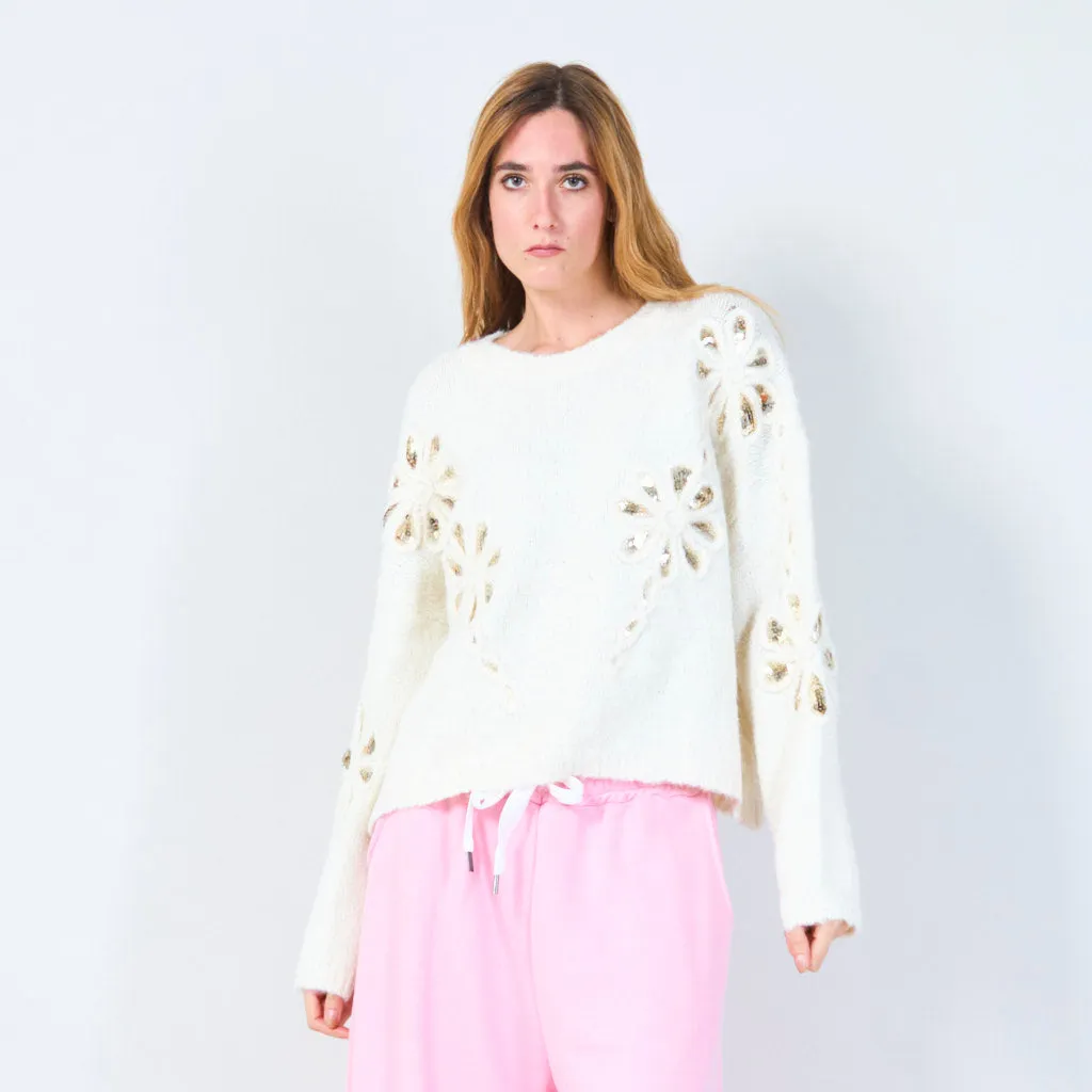 Sequin flower detail knit sweater wholesale