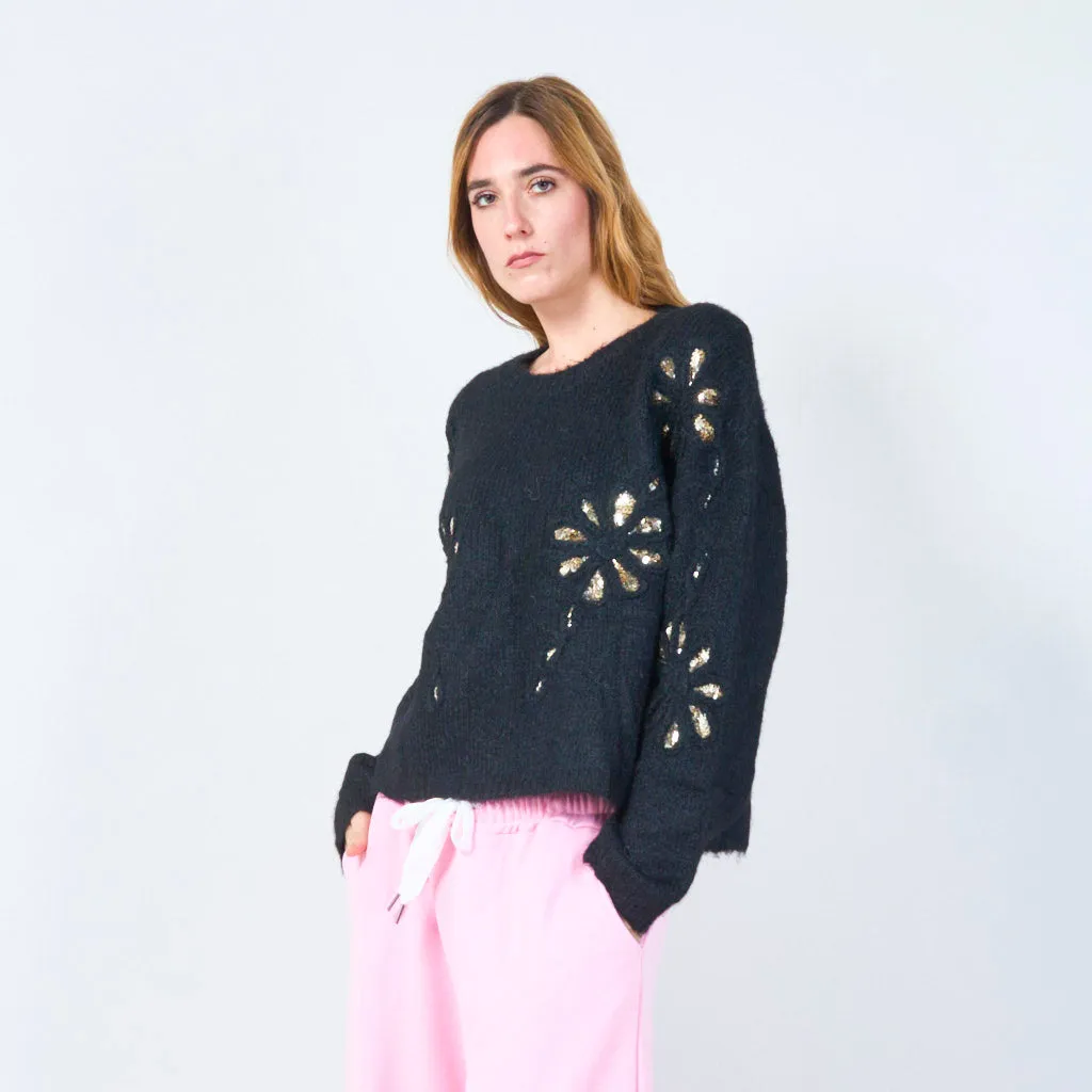 Sequin flower detail knit sweater wholesale