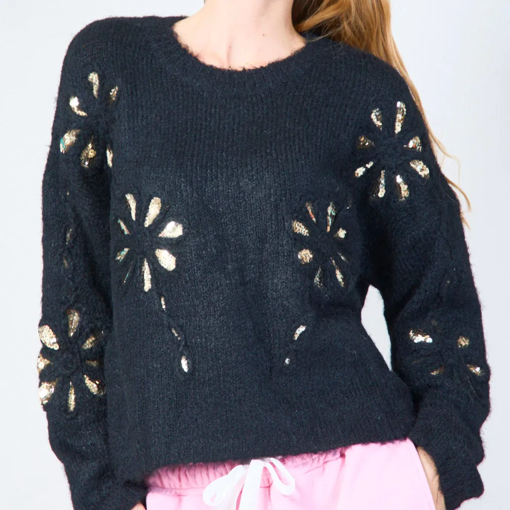 Sequin flower detail knit sweater wholesale