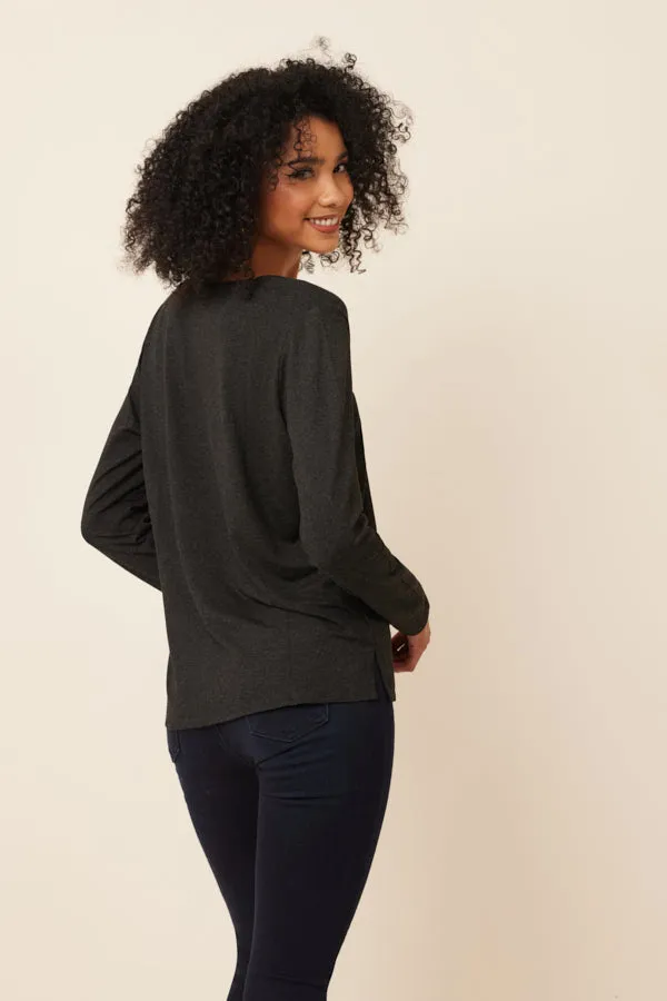 Soft Touch Semi Relaxed V-Neck w/ Side Slits in Anthracite Chine