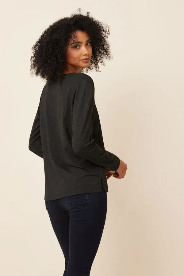 Soft Touch Semi Relaxed V-Neck w/ Side Slits in Anthracite Chine