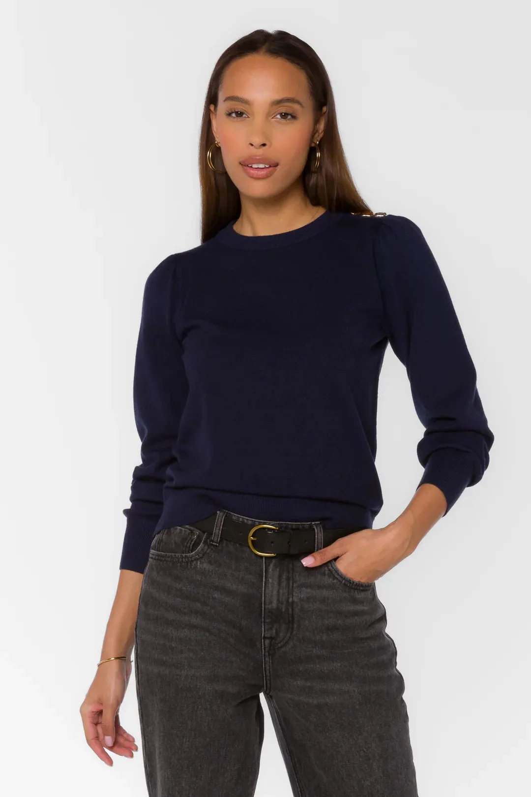 Taffy Navy Gold Button Sweater