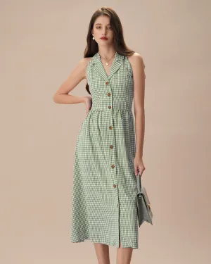 The Green Lapel Plaid Sleeveless Shirt Midi Dress