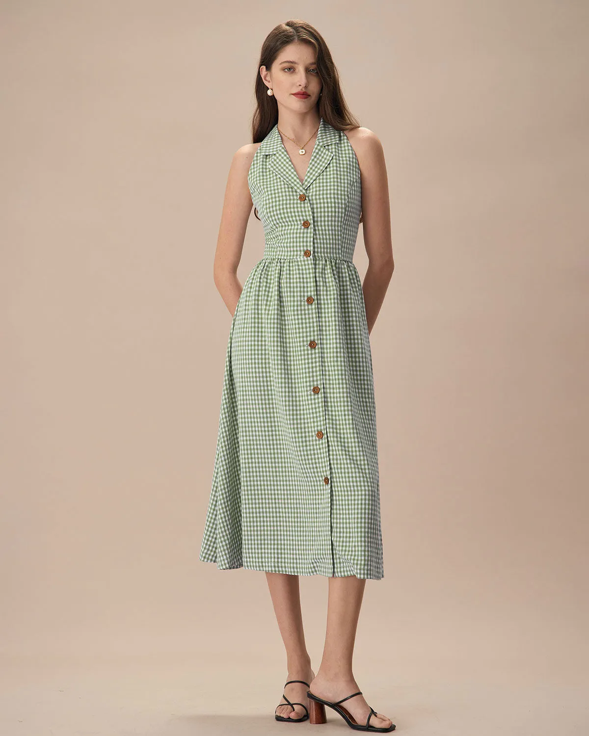 The Green Lapel Plaid Sleeveless Shirt Midi Dress