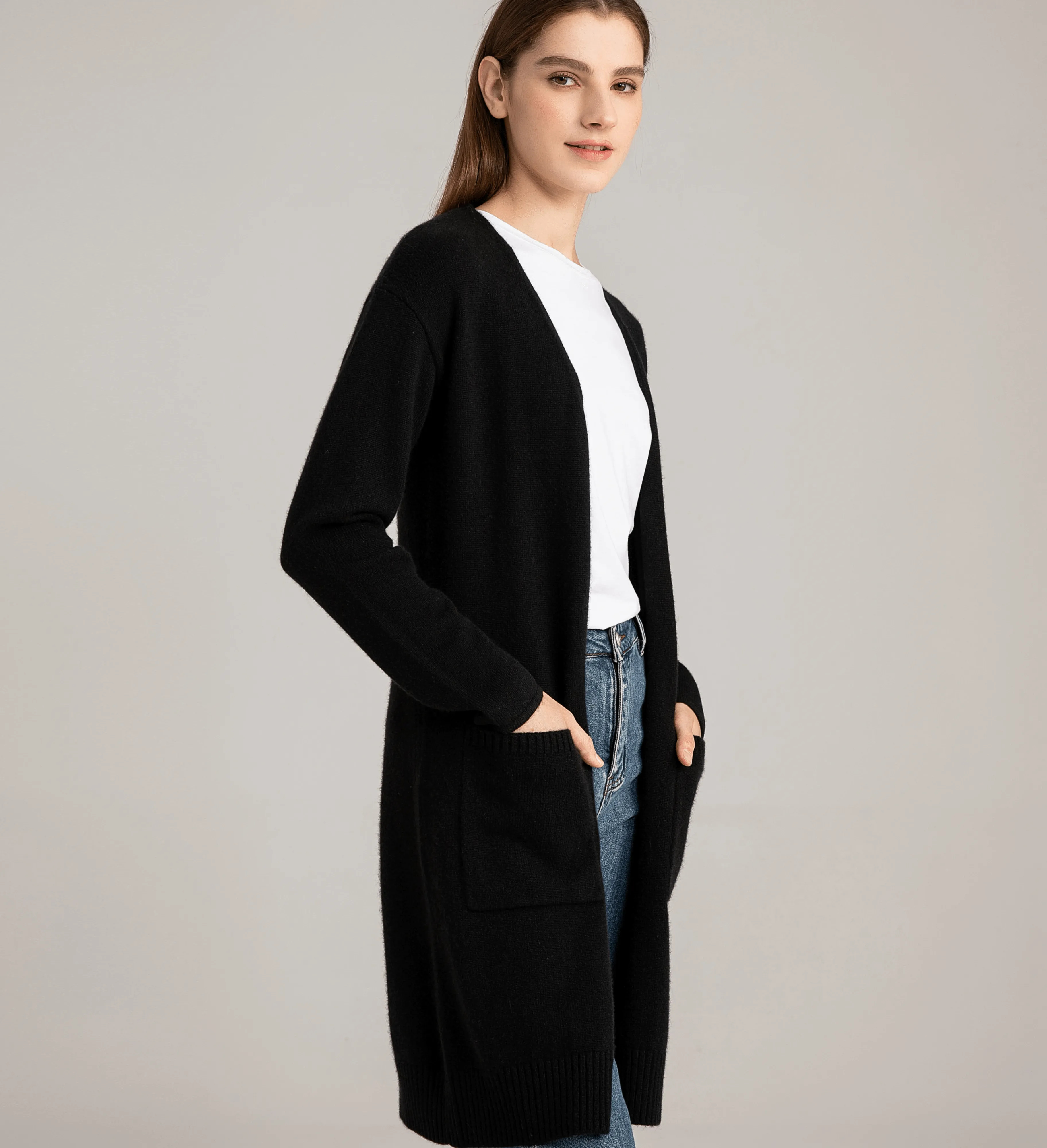 The Open Front Long Cashmere Cardigan with Pockets