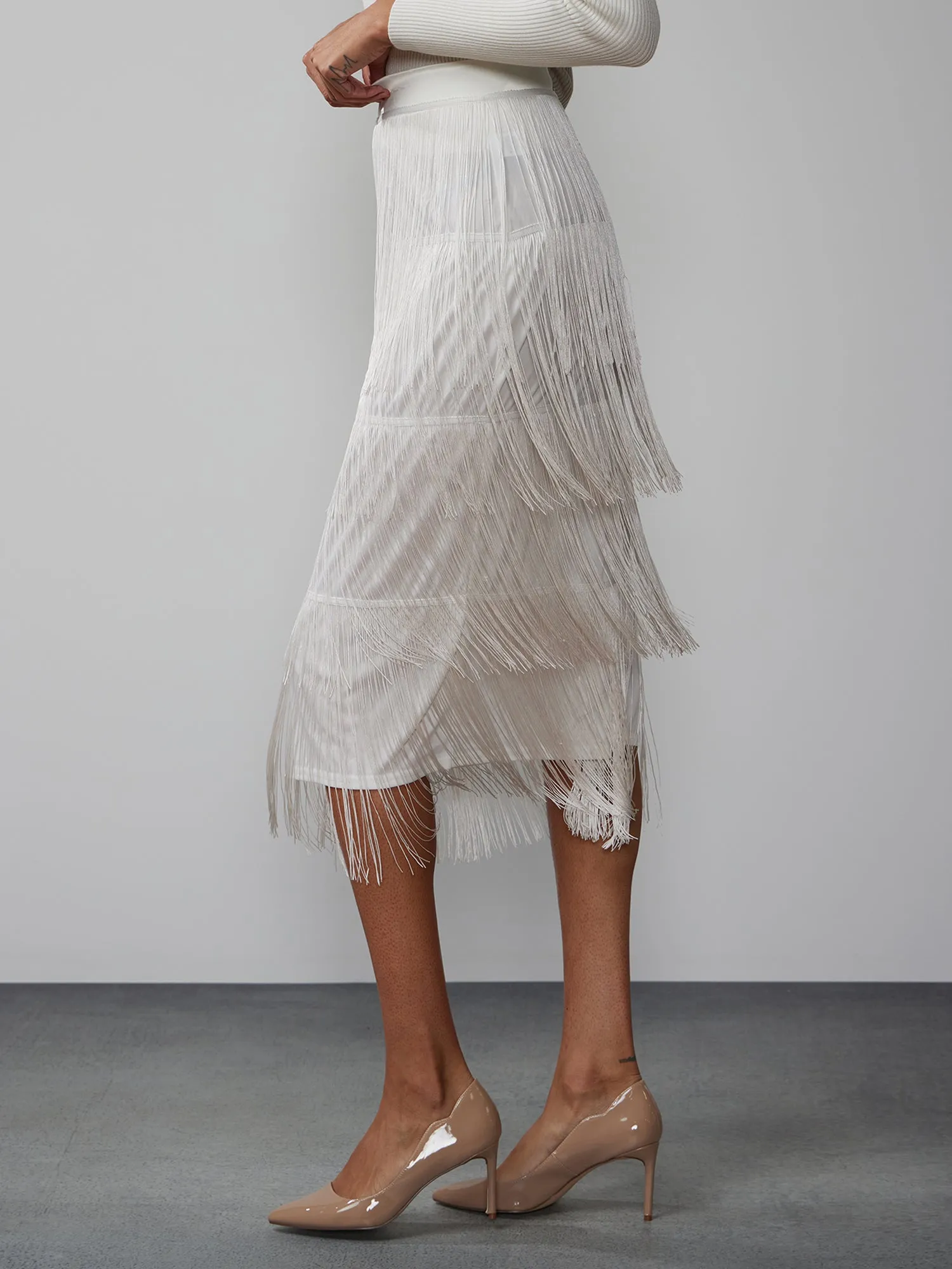 Tiered Fringe Midi Skirt