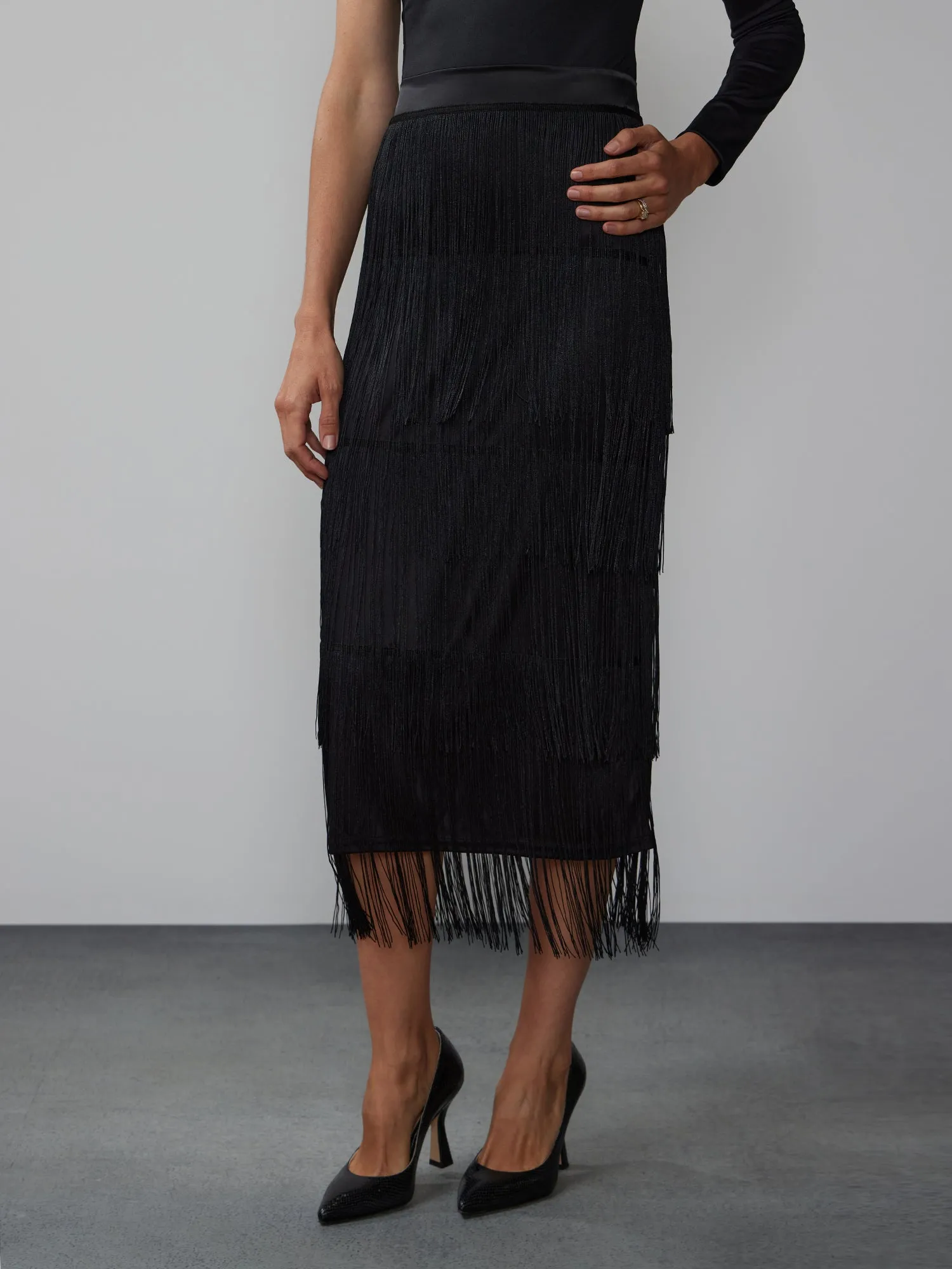 Tiered Fringe Midi Skirt