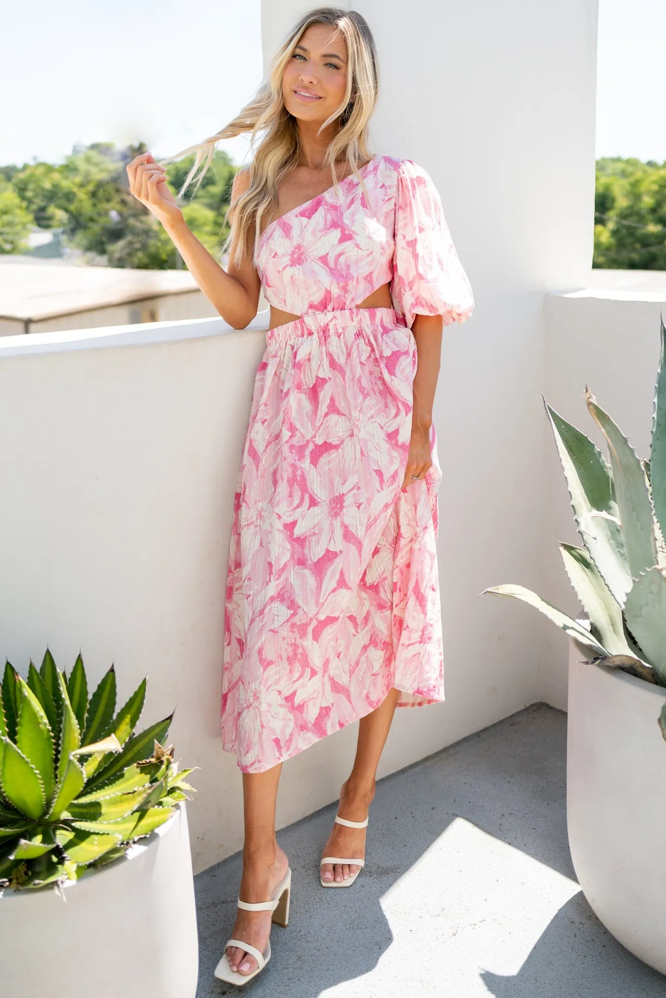 Trust Your Heart Pink Floral Print Midi Dress