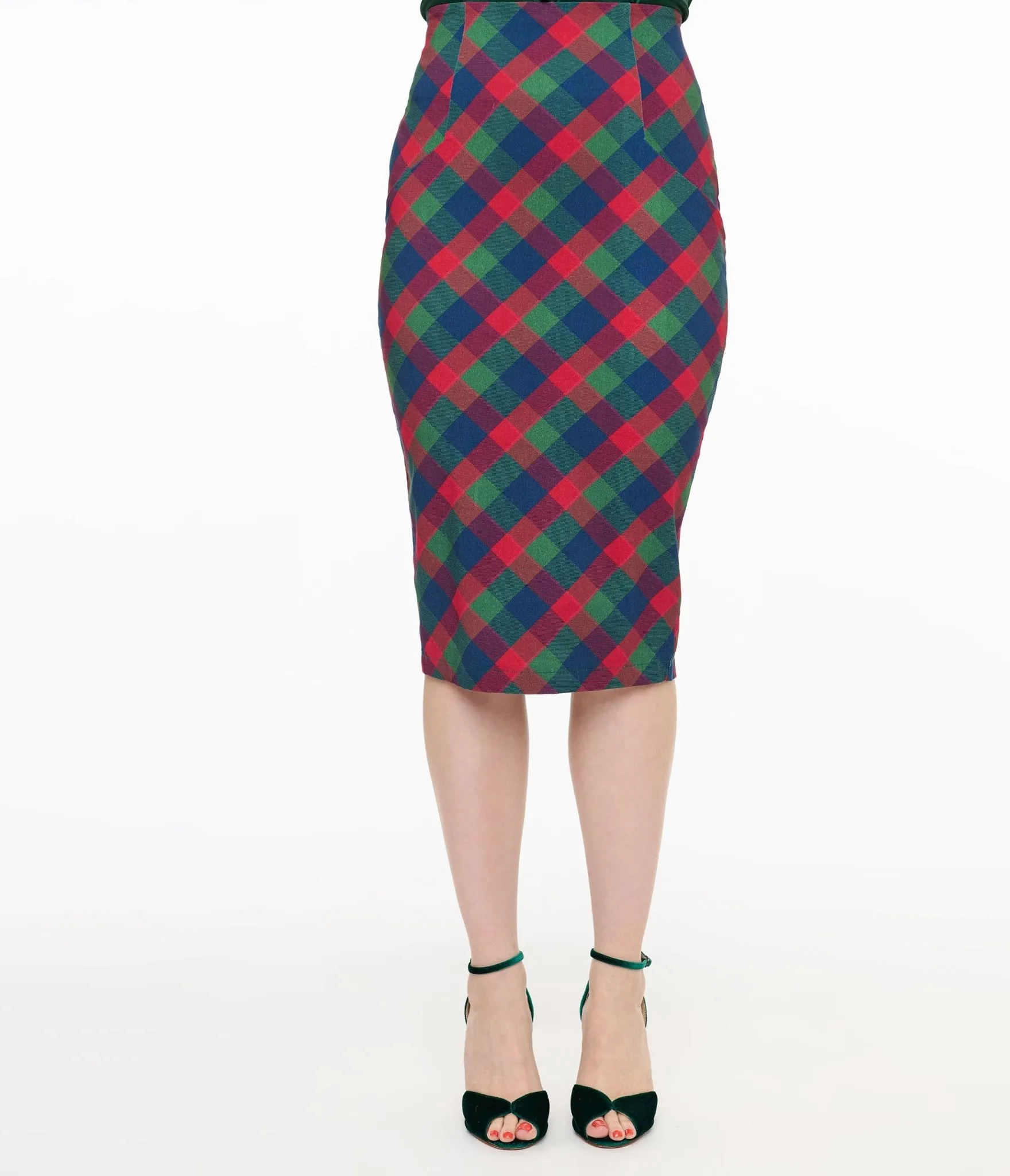 Unique Vintage 1950s Green & Red Plaid Tracy Pencil Skirt