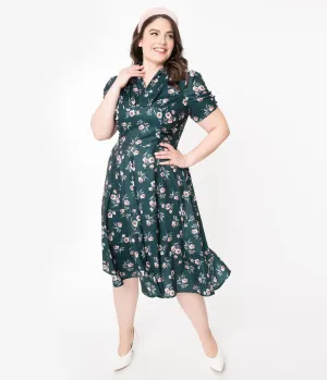 Unique Vintage Plus Size 1940s Green Floral Print Camilla Midi Dress