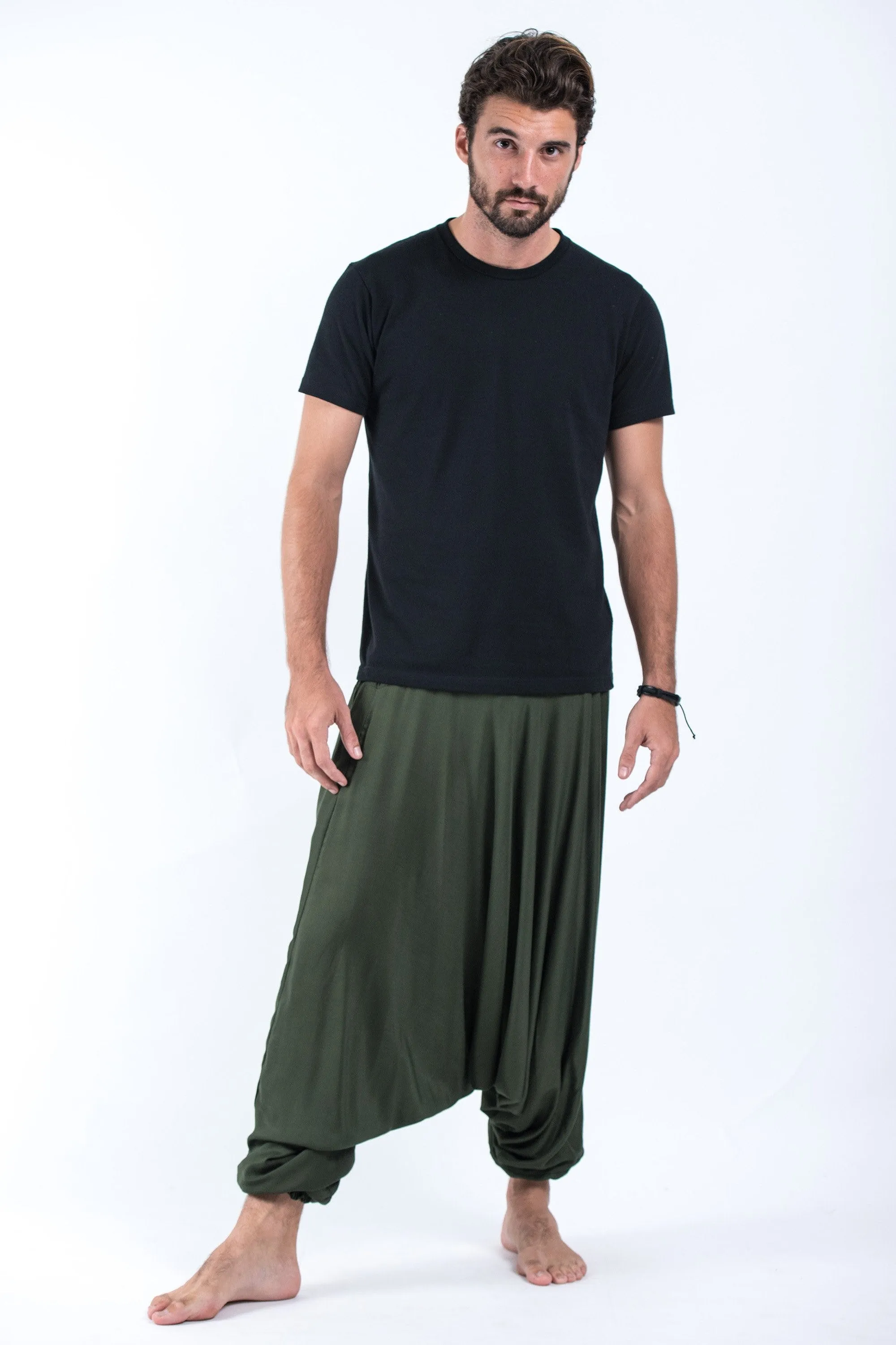 Unisex Solid Color Drop Crotch Drop Crotch Jumpsuit Harem Pants in Dark Green