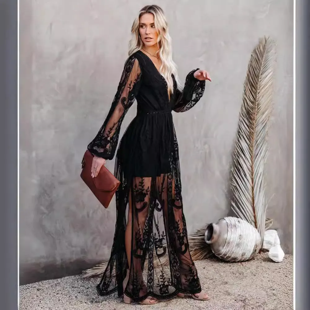 V-Neck Embroidery Lace Long Dress