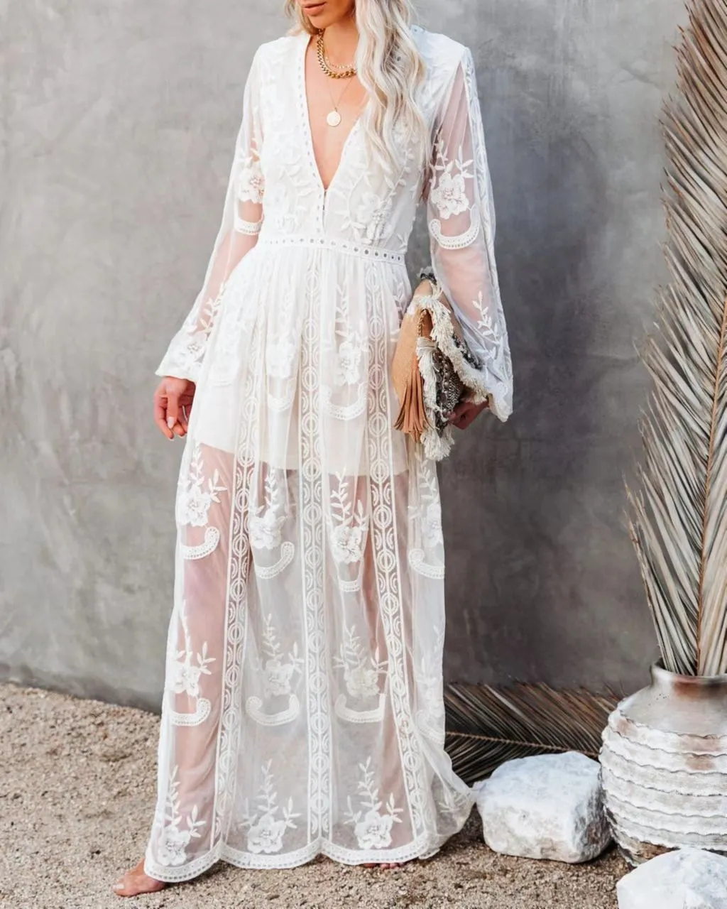 V-Neck Embroidery Lace Long Dress