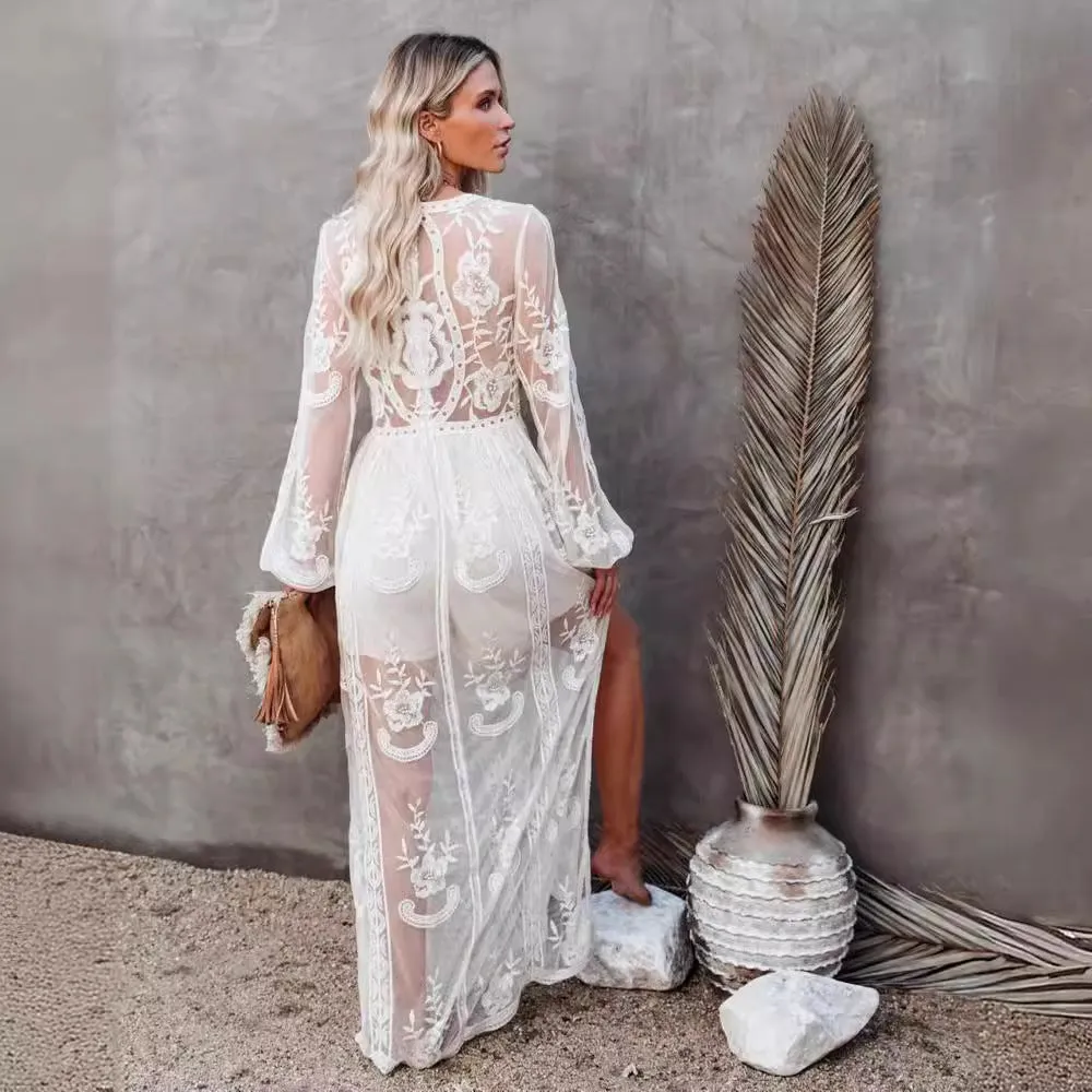 V-Neck Embroidery Lace Long Dress