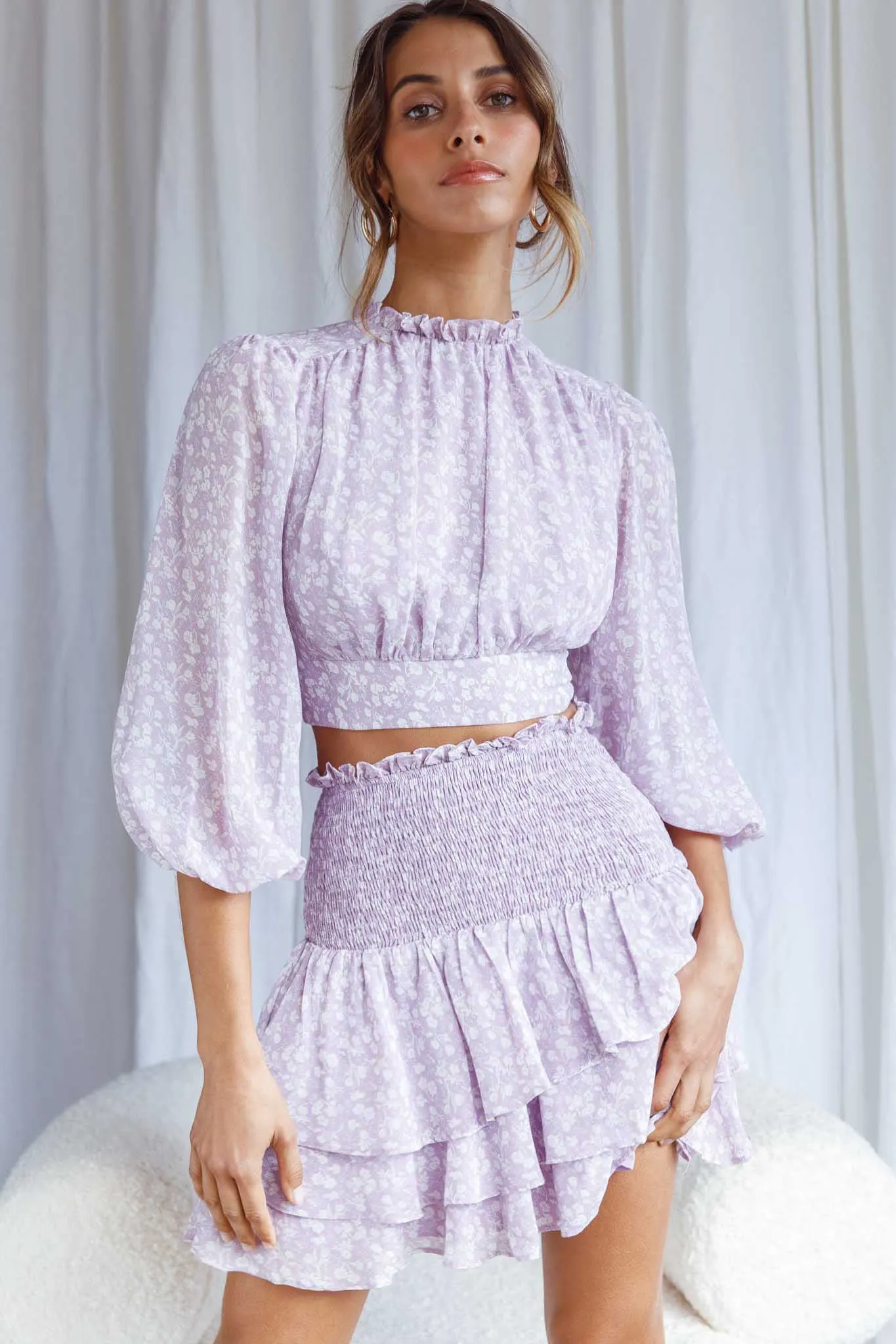 Whisked Away Shirred Waist Layered Mini Skirt Floral Print Lilac