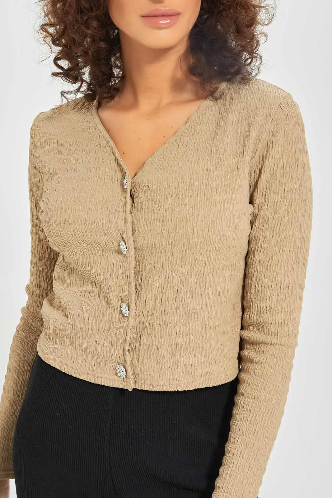 Women Beige Front Button Crinkle Cardigan