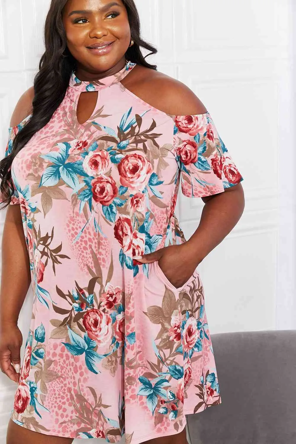 Women's Sew In Love Full Size Fresh-Cut Flowers Cold-Shoulder Dress