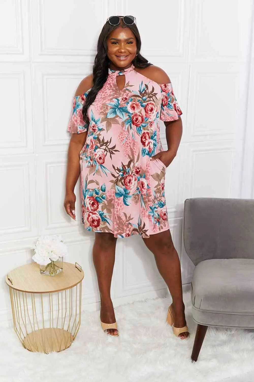 Women's Sew In Love Full Size Fresh-Cut Flowers Cold-Shoulder Dress