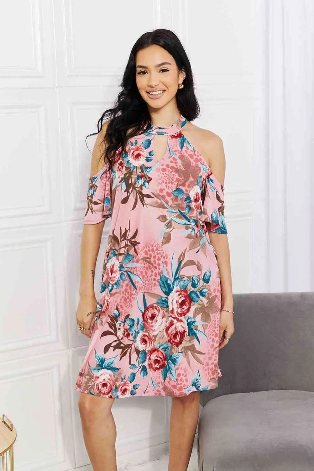 Women's Sew In Love Full Size Fresh-Cut Flowers Cold-Shoulder Dress